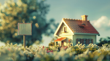 for sale sign at house background. House for sale. Country estate. Sale of two-story cottage.