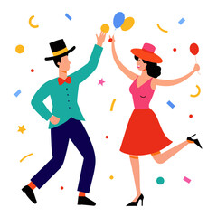 A stylish couple in vintage attire dancing joyfully, surrounded by confetti and balloons.