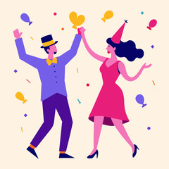 A stylish couple in vintage attire dancing joyfully, surrounded by confetti and balloons.