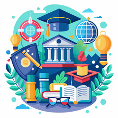 A vibrant assembly of educational symbols and icons, representing various facets of learning and academia.