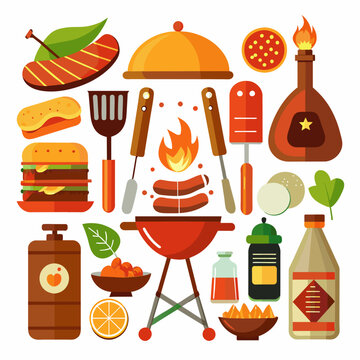 A collection of barbecue-themed icons, featuring grilling tools and ingredients.