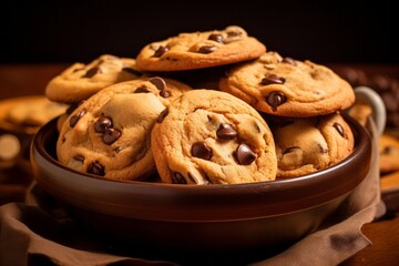 Delicious chocolate chip cookies in a clay dish against a kraft paper background