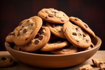 Naklejka premium Delicious chocolate chip cookies in a clay dish against a kraft paper background