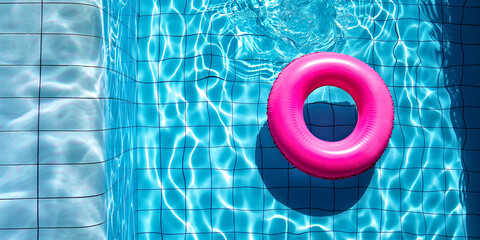 A pink inflatable ring is floating in a pool.  Summer resort and water safety concept