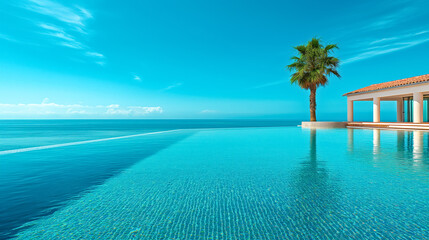 A beautiful pool with a palm tree and white building in the background. Travel and resort summer concept