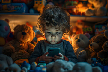 Young child completely absorbed by a mobile phone in his room, surrounded by ignored toys. Illustrating the concept of excessive digital device usage in young children. - obrazy, fototapety, plakaty