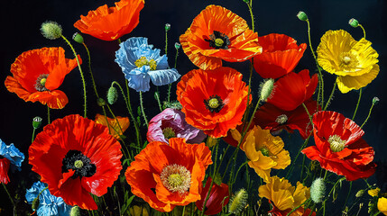 A bouquet of red, yellow, and blue poppy flowers. Floral background