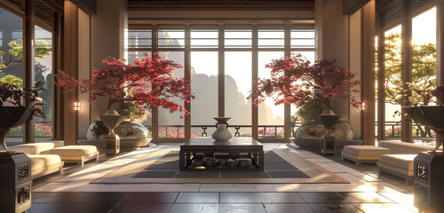 Asian elegance in a Zen living room, chic single sofa surrounded by calming elements. - obrazy, fototapety, plakaty