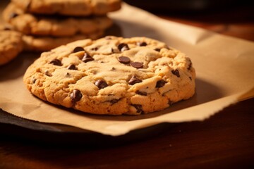 Exquisite chocolate chip cookies on a plastic tray against a kraft paper background