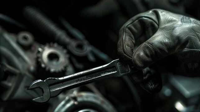 Precision Tools Detail shot of a young mechanics hand holding a wrench or socket wrench, with the tool poised to tighten a bolt or nut 