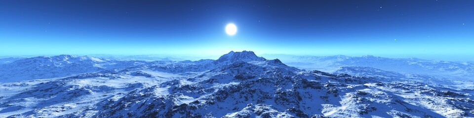 snowy mountains under sunrise, 3d rendering - 773260017