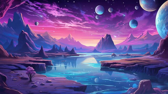 A digital painting of a calm lake reflecting a fantastical purple moon. Seamless looping video animated virtual background. AI generated video