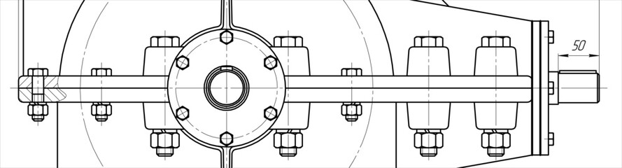 Assembly drawing of reducer.
Vector drawing of steel mechanical device with shaft, gear, 
bolted connection and dimension lines.
Engineering cad scheme. Technical template. Cross section. - obrazy, fototapety, plakaty