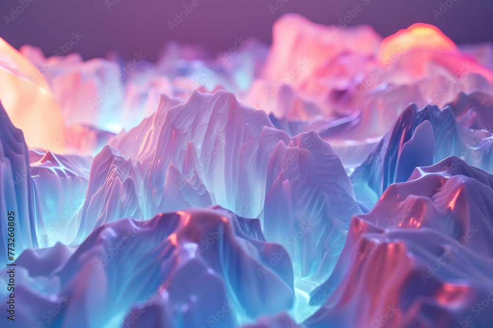 Poster abstract 3d shapes in a holographic display, illuminated by soft pastel lights, creating a mesmerizi