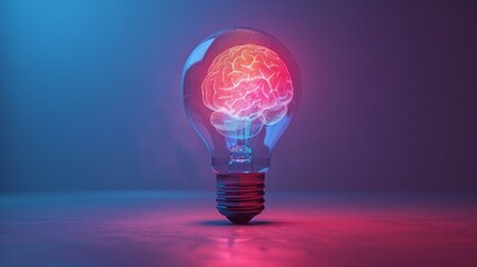 Minimalist concept of a vibrant glowing brain inside a light bulb against a colorful background.
