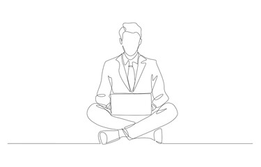 Continuous one line drawing of businessman working with laptop on the floor, business concept, single line art.