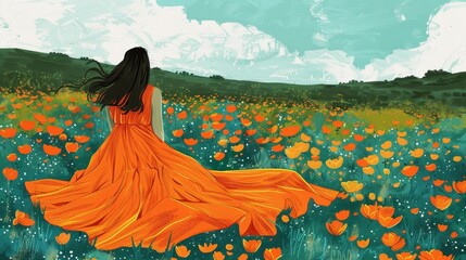 Illustration with paints. A beautiful young woman in an orange summer dress walks in a field among wildflowers. Beautiful banner