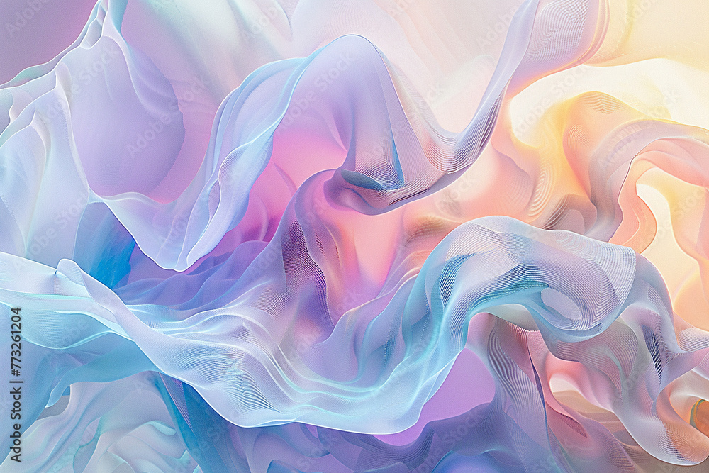 Poster abstract 3d shapes in a holographic display, illuminated by soft pastel lights, creating a mesmerizi