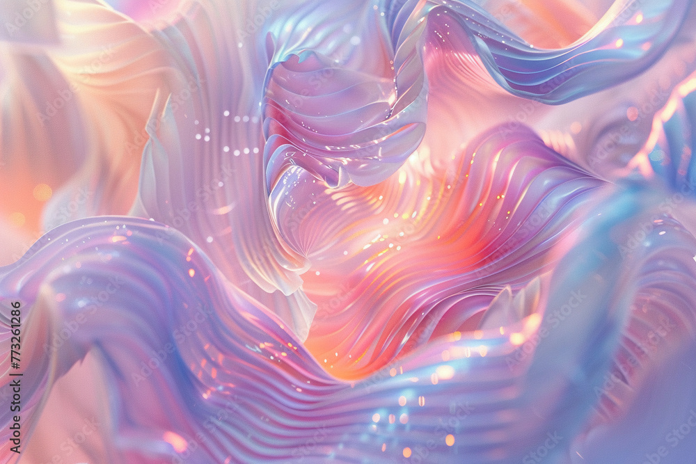 Poster abstract 3d shapes in a holographic display, illuminated by soft pastel lights, creating a mesmerizi