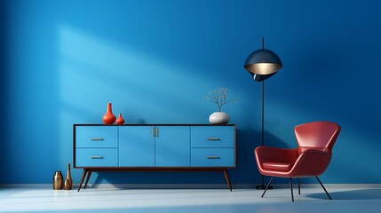 interior design of room with table and chair. dark blue wall in the background. 