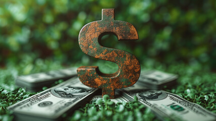 Obraz premium A 3D model of a US dollar sign standing tall on a spread of assorted US dollar bills, with a minimalist forest green background