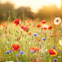 Obraz premium Wild flowers in a field illuminated by warm sunlight. 
