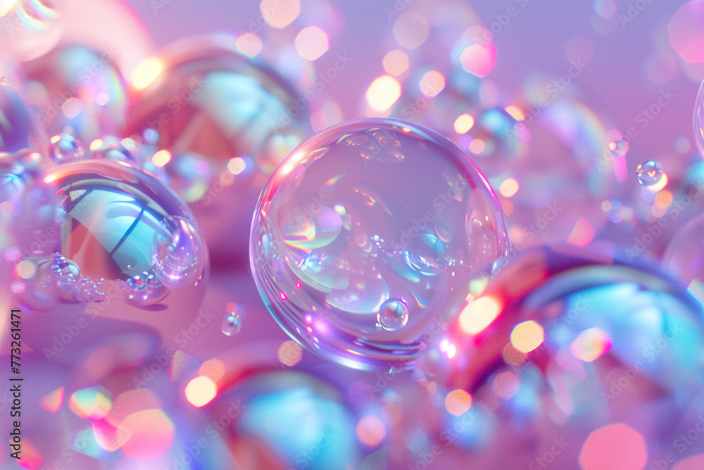 Poster abstract holographic world, where 3d shapes merge with soft pastel lights, creating a visually capti