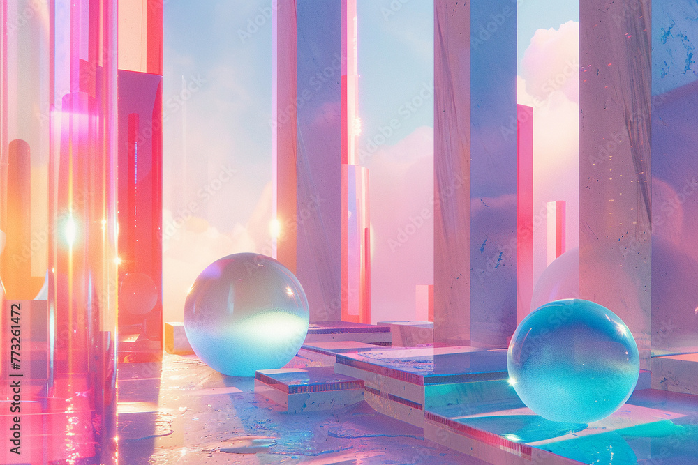 Poster abstract holographic world, where 3d shapes merge with soft pastel lights, creating a visually capti
