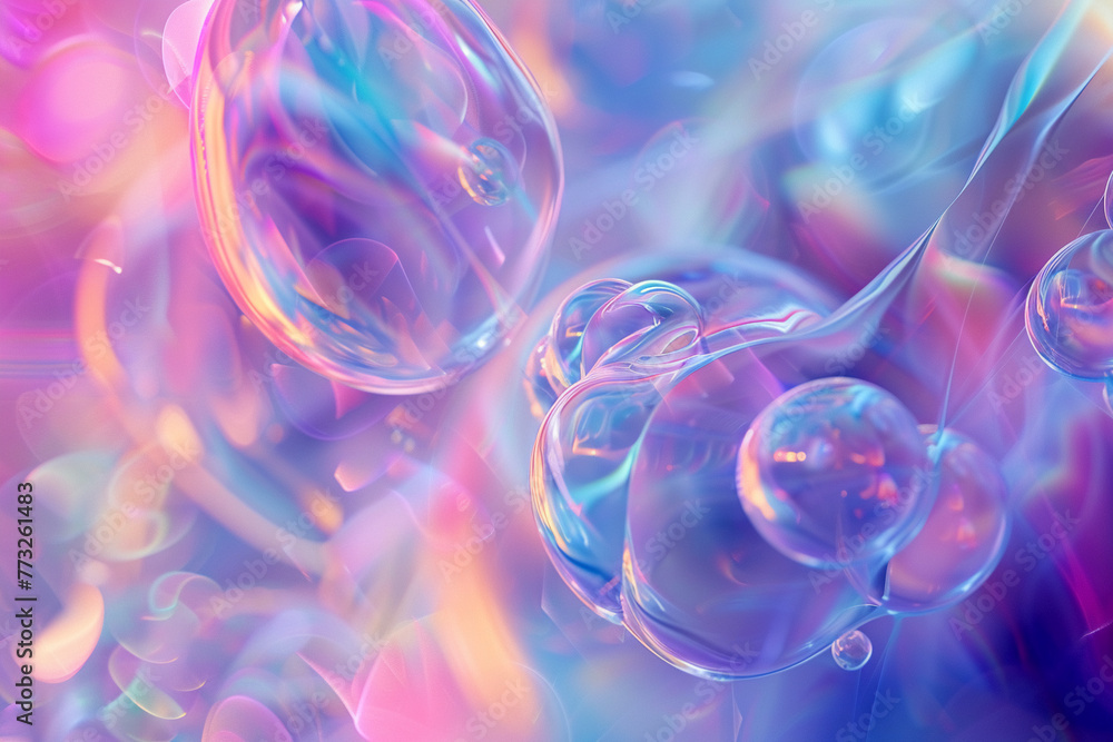 Poster abstract holographic world, where 3d shapes merge with soft pastel lights, creating a visually capti