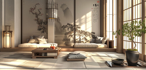 Obraz na płótnie Canvas Modern Zen room, sleek single sofa complemented by Chinese artwork, fostering harmony.