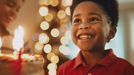 A smiling boy is looking at a birthday cake with lit candles.