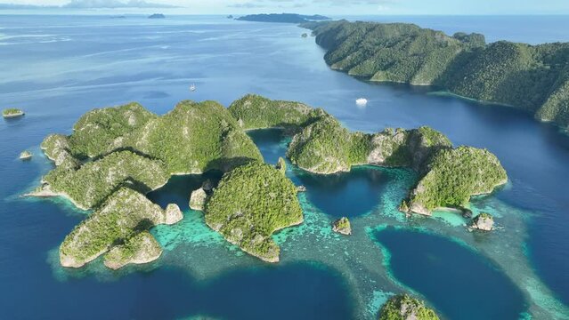 Limestone islands, fringed by reef, rise from Raja Ampat's tropical seascape. This region of Indonesia is known as the heart of the Coral Triangle due to the high marine biodiversity found there.