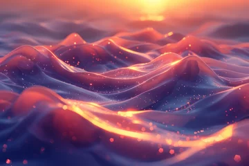 Fotobehang Silken sunset in june, Colors of June, abstract background with silk and sun in pink and orange,, purple hues, and with copyspace for your text. May background banner. © annne