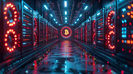 Futuristic cryptocurrency mining farm, with rows of GPU racks under cool blue lights, centered...