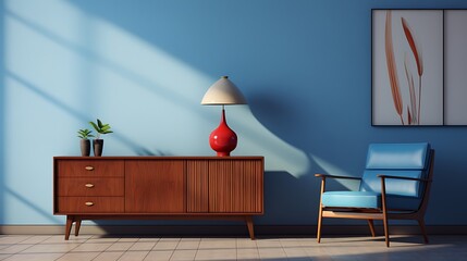 Chair and table with lamp on it. Blue wall in the background. 