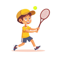 Cute little boy playing tennis. Funny cartoon character vector Illustration