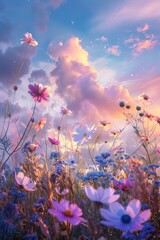 Fototapeta na wymiar Field of Flowers Beneath Cloudy Sky
