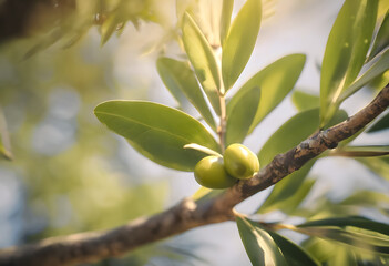 Close-up of green olives on a branch with sunlit leaves in the background, depicting Mediterranean or olive oil themes.