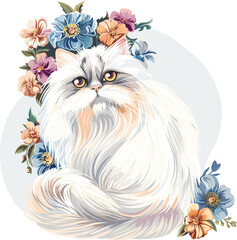 Cute Cat with Floral Wreath Vector Illustration
