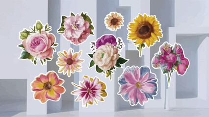 Floral Elegance: A Collection of Vibrant Stickers Illustrating Various Flower Species against a Minimalist White Backdrop