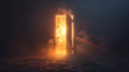 A door opening to reveal a bright welcoming light symbolizing the opportunity and new beginnings for a candidate - obrazy, fototapety, plakaty
