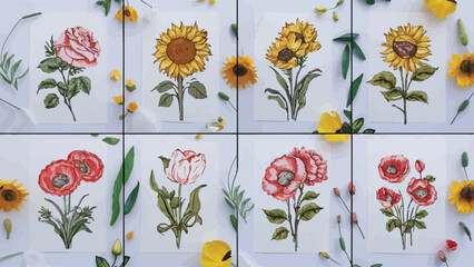 Floral Elegance: A Collection of Vibrant Stickers Illustrating Various Flower Species against a Minimalist White Backdrop