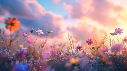 Field of Flowers Beneath Cloudy Sky