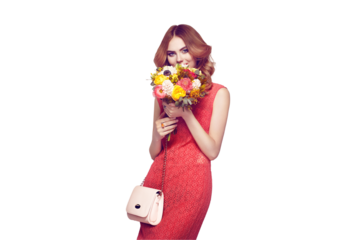 Blonde young woman in elegant red dress. Girl posing on a transparent background with handbag. Jewelry and hairstyle. Lady with spring bouquet of flowers