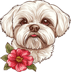 Vintage Adorable Dog Shi-Zhu with Floral flowers Vector Illustration