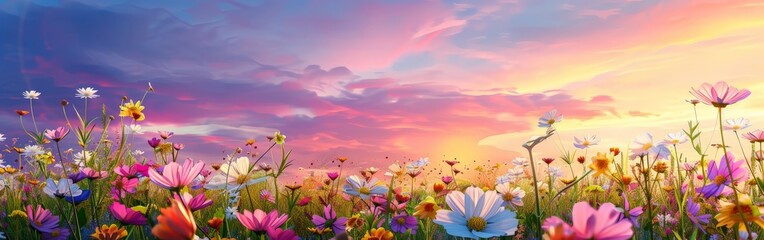 Obraz na płótnie Canvas Colorful Flowers in Field Under Cloudy Sky