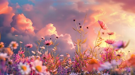 Obraz na płótnie Canvas Field of Flowers Under Cloudy Sky