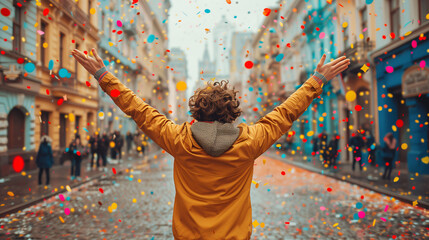 Joyful person celebrating with arms raised on a vibrant city street with colorful confetti falling...