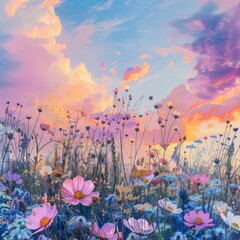 Fototapeta na wymiar Field of Flowers With Sunset