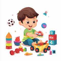Fototapeta premium Cute little boy playing with toys. Vector illustration in cartoon style
